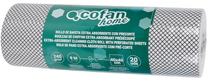 Cofan Rollo de Bayeta Extra Absorbente | Bobina Precortada con 20 Unidades | Medida: 40 x 40 cm | Artículos de Limpieza