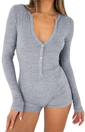 LACOZY Barboteuse sexy à manches longues et col en V pour femme Y2k - Combinaison moulante - Combinaison de sport, gris clair, S