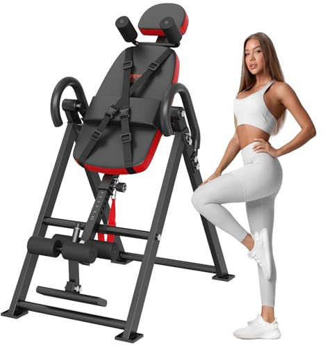 VEVOR Mesa de Inversión Resistente con Capacidad 136 kg, para la Espalda, Equipo de Entrenamiento de Fuerza con Reposacabezas, Bloqueo de Tobillo, Cinturón Protector, Rojo/Negro, 1200 x 960 x 1640 mm