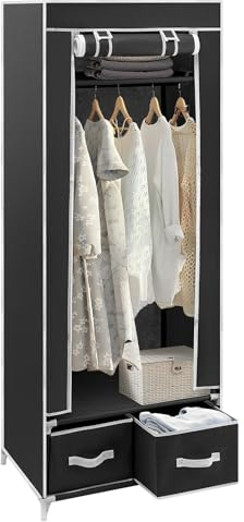 Trintion Portable Wardrobe 160 x 60 x 43CM Single Canvas Wardrobe Clothes Storage Organizer with 2 Drawers and Hanging Rail for Living Room, Bedroom (Black)