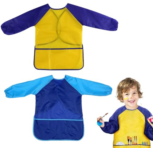 SULIUDAJI 2 Pcs Tablier Peinture Enfant Imperméables Blouse Peinture Enfant Tabliers Pour Garçon Avec 3 Poches Convient Aux Enfants De 5 À 8 Ans Idéal Pour L'Art À L'École Et La Cuisine Bleu Jaune