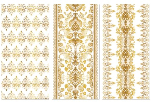Peacoblue Rub on Transfer Sticker for Furniture Crafts Decor 6x12 Vintage Gold Lace, 3Pcs Waterproof UV DTF Transfer for Lingerie Chests Drawer Dresser Glass Porcelain Wood Plastic