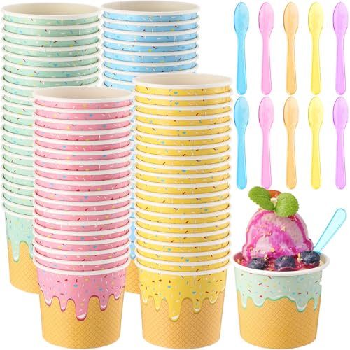 Ninehaoou 40 Pack 6 oz Ice Cream Cups with Spoons Paper Dessert Cups Colorful Sundae Bowls Disposable Ice Cream Containers for Hot Soup Spring Summer Graduation Bar Party Supplies