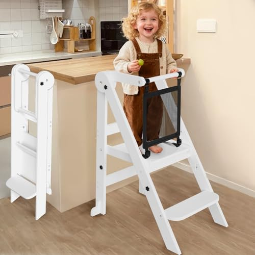 Foldable Toddler Tower, 3 Adjustable Height Toddler Standing Tower, Wooden Kids Kitchen Stool Helper with Safety Rails, Space Saving Kids Step Stool - Ages 18 Months to 6 Years