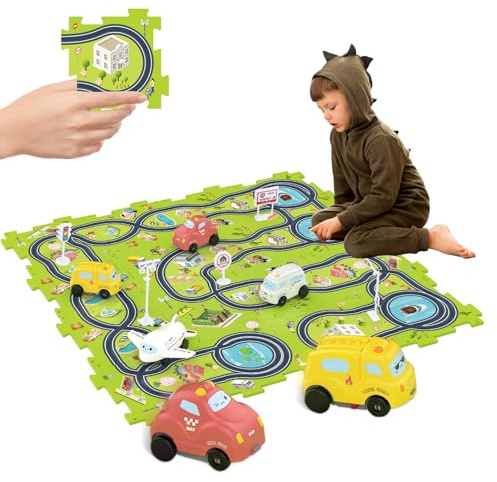 Bearbao Toddler Toys Gifts for 3 4 5 Year Old Boys, Total 16 Pieces Jigsaw Puzzle Racer Track Car Set with 2 Cars for Kids Boys 3-5, Puzzle Tracks Car Toys Gifts for 3 4 5 Years Old Boy Kids