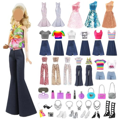 Lot de 32 vêtements et accessoires pour poupées de 11,5 - Avec bretelles, hauts en jean, vêtements à paillettes, vêtements, chaussures, sacs, collier - Accessoires pour poupée - Jouet - Cadeau