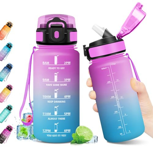 KollyKolla Gourde Enfant 500ml, Gourde Motivation, avec Paille et Marqueur de Temps, Bouteille Réutilisable, sans BPA, Gourde Sport Étanche, Bouteille Sport pour l'école, Sport, Bureau, Randonnée