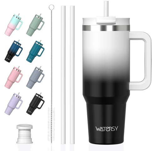 WATERSY 891ml Vaso Termico con Asa y 2 Pajita, Vaso Termo Acero Inoxidable, 30oz Termo Café Termica Doble Pared para Frío y Caliente, Travel Mug para Gimnasio, Oficina, Viaje (Blanco-Negro)