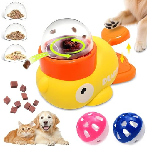FeiFanChoice Dog Treat Dispenser Toy, Interactive Duck-Shaped Puzzle Feeder for Dogs with 2 Pcs Pet Bell Ball, 2-In-1 Slower Feeder Toy for Dogs & Cats