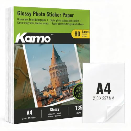 Kamo Glänsande fotopapper, självhäftande, A4, 135 g/m², 80 ark, för alla bläckstråleskrivare