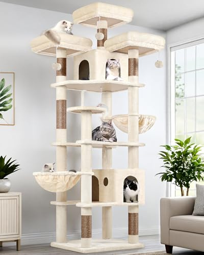 Globlazer Rascador para Gatos Beige XXL 209 cm con 3 Perchas Acolchadas, 2 Nidos, 2 Cesta, Grande Plataformas, Juguetes de Peluche, Lujo Árbol Rascador para 3-5 Gatos Adultos Interior (F82, Beige)