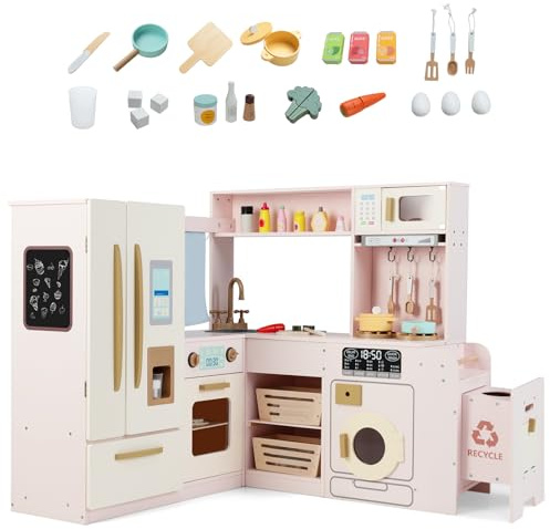 COSTWAY Kids Play Kitchen, Wooden Corner Pretend Kitchen with Lights & Sounds, Fridge, Ice Maker, Trash Can, 22 Accessories, Children's Chef Role Play Set for Boys Girls (Pink)