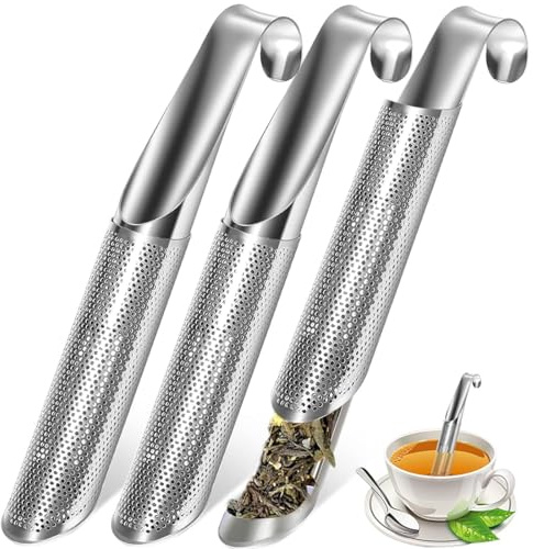 HUZNA 3 Stück Edelstahl-Tee-Diffusor,Teezerstäuber aus Edelstahl,Feinmaschiges Teestab Teefilter,mit Hakengriff,für Losen Tee, Hakengriff Teefilter für Rose, Gewürze, Kaffee