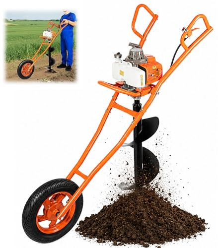 HUOMMGS Ahoyadora Gasolina 2 Tiempos Motor 63 CC 2,2KW Empuje Manual Ahoyador con 300mm Broca, Ruedas Profesional Barrena para Tierra Compactadora De Tierra para Granja, Huerto