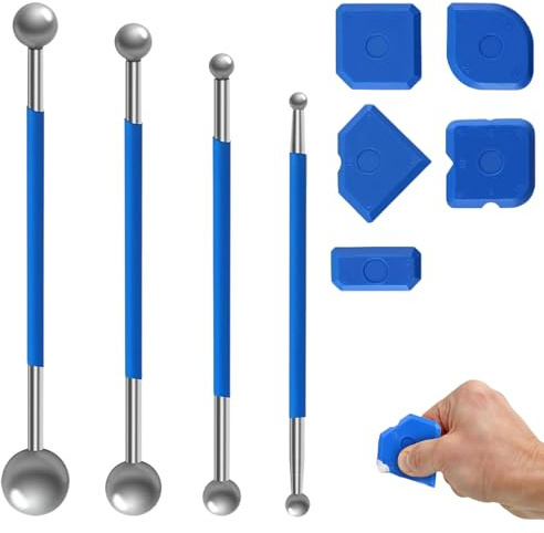 herramientas de alisado de sellador 9 piezas, kit de acabado de juntas para azulejos, rascador de silicona y tirador de bola doble metálica para baño y cocina, multiforma, fácil de usar