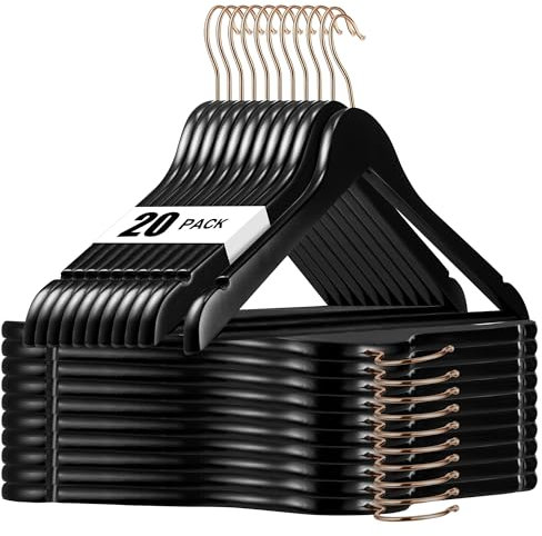 HOUSE DAY Kleiderbügel Holz, 20er Holzkleiderbügel, Kleiderbügel schwarz für Anzüge, 360° drehbarer Haken in Roségold, rutschfest, Einkerbungen im Schulterbereich