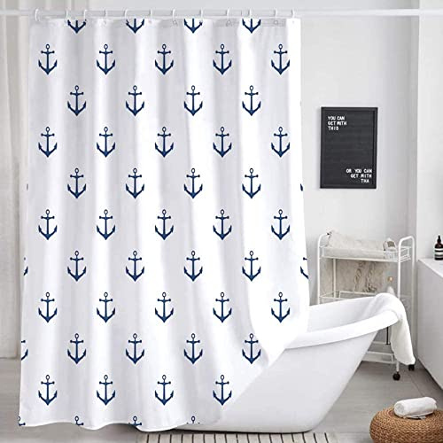 DYNH Nautical Anchor Shower Curtain for Bathroom, Navy Blue White Beach Coastal Beachy Fabric Shower Curtains Set Decorative, Ocean Men Boys Kids Restroom Decor Accessories Hooks Included 72x72 Inch