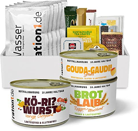 ration1 EPa Currywurst, Premium Tagesration, Einmannpackung wie EPA Bundeswehr, laktosefrei & glutenfrei, Konserven & Wasser 10 Jahre haltbar, Emergency Food, Notfallnahrung Fertiggerichte
