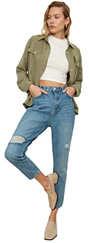 Trendyol Dark Blue Torn Detailed High Waist mom Jeans, Jeans aux Femmes, Dark Blue, 38