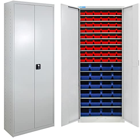 HEMMDAL Flügeltürenschrank | HxBxT 195 x 71 x 30 cm | Grau | Sichtlagerkästen 54 x Rot, 24 x Blau | Aufbewahrung von Kleinteilen & Werkzeug | Sicherheits-Zylinderschloss | Werkzeugschrank aus Stahl