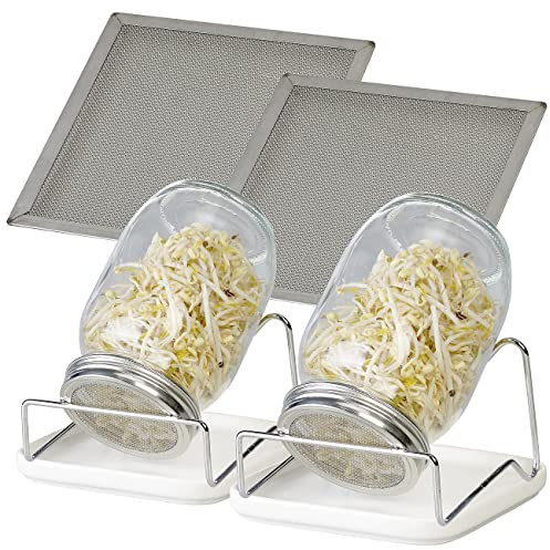 Royal Gardineer Sprossengläser: 2er-Set Keimgläser mit Metall-Ständer, Kressesieb, Auffangschale, 1 l (Sprossen Glas, Sprossenzuchtgläser, Gewächshaus)