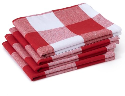 Encasa XO Paños de Cocina 28x18 in 70x45 cm (Juego de 4 Piezas) Acabado Antibacteriano, algodón orgánico, Altamente Absorbente para la Limpieza de Platos - Cheques Rojos de búfalo