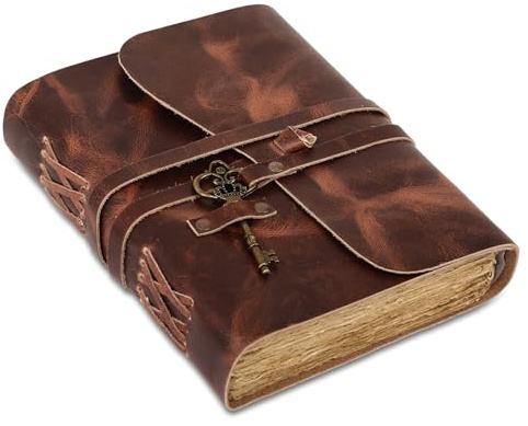 Läderdagbok med linjerat Deckle Edge-papper 20 x 15 cm och vintage nyckel/handgjord skrivanteckningsbok dagbok/bunden daglig anteckningsbok för män och kvinnor medium, skiss/skrivdyna, present till