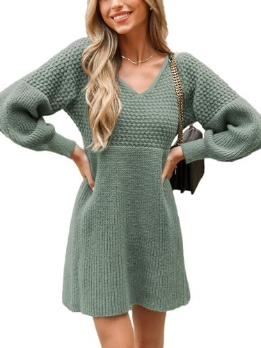 CUPSHE Damen Strickkleid Pulloverkleid V Ausschnitt Langarm Wabenmuster Feinstrick Pullikleid Knit Sweater Mini Dress Dusty Green S