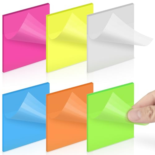 Sansoak Note adesive trasparenti - Blocco note colorato traslucido impermeabile rimovibile da 300 fogli 3 x 3 pollici (75 mm * 75 mm) - 6 lavagne a fogli mobili in carta adesiva trasparente a colori v