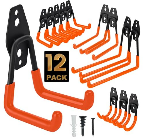 TECHSHARE Wandhaken Garage, 12 Stück Schwerlast Garage Haken, 4 Verschiedene Größen, Doppelte Schwerlasthaken für Gartengeräte, Sportausrüstung, Leiter, Garagenorganisation(Orange Farbe)