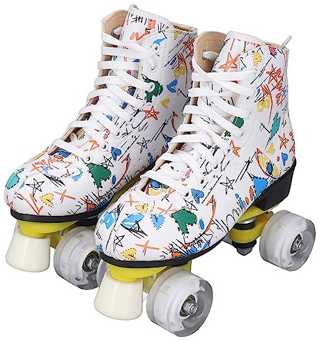 Rollhockey-Skates, zweireihig, 4-Rad-Rollschuhe, Graffiti-Rollschuhe, Skating-Schuhe, verstellbare Rollschuhe für Kinder und Erwachsene, Weiß (39)