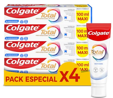 Colgate Total Whitening Toothpaste 4x100ml | Stronger 24-Hour Bacterial Defence* | Long-Lasting Active Protection* | Effectively removes Surface Stains | 8 Benefits for Complete Protection