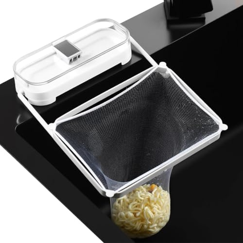 Colador de fregadero de cocina, cesta plegable para recoger alimentos con red, colador de drenaje de fregadero con ventosa con 100 bolsas de malla de filtro (blanco)