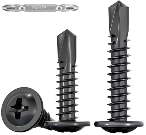 FandWay 100 Pièces Vis Autoforeuse Metal Noir,M4,2x16mm Vis à Tôle Autotaraudese et Autoperceuse Autoperforante Inox 410 Cruciforme Tête Ronde Large Bombé avec 1 Bits pour Aluminium Bois Plastique.