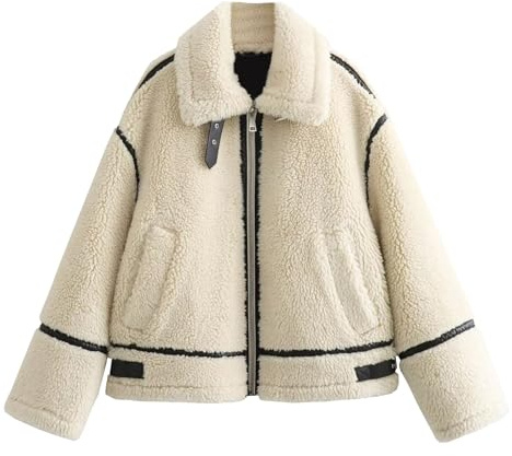 Vestes en fausse fourrure pour femmes, tendance hiver, surdimensionnées, en cuir sherpa, patchwork, revers, fermeture éclair, tenu
