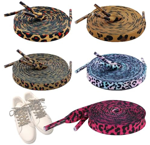 MUYAPAY 5 Piezas Cordones para Zapatos Planos con Estampado Animal, Impresos de Moda, Cordones Zapatillas con Diseño de Leopardo, Repuesto para Todo Tipo Zapatos Y Zapatillas Deporte