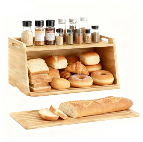 LEMIKKLE Panera de bambú con tabla de cortar, caja de almacenamiento de pan para mantener la comida fresca, adecuada para la cocina, se puede utilizar para almacenar pan, frutas, productos horneados