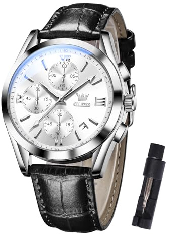 OLEVS Men's Waterproof Chronograph Watch Leather Strap Quartz Wristwatch Multi-Function Dial with Date Luminous Business Watches for Men
