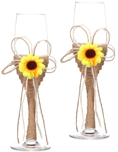 ERINGOGO Copas de Champán de Vidrio Transparente Diseño Girasol, Juego de 2 Copas de Vino Tinto Base Alta y Cuerda de Yute, Ideales para Bodas y Decoración de Fiestas