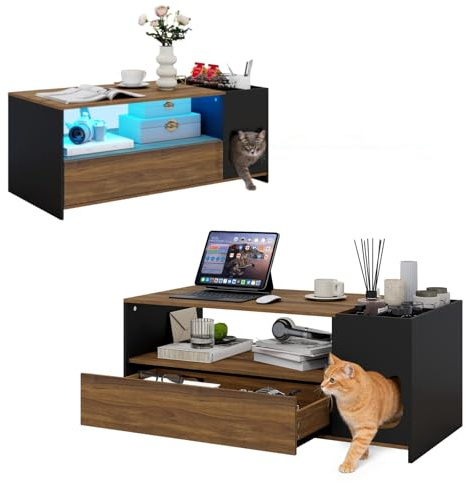YU YUSING Table Basse Noyer avec Niche pour Chat, Noyer et Noir