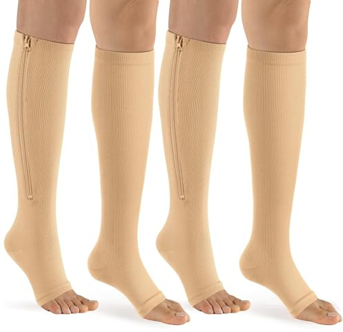 bropite Zipper Compression Socks Women & Men - 2Pairs Calf Knee High 15-20mmHg Open Toe Compression Stocking suit for Walking