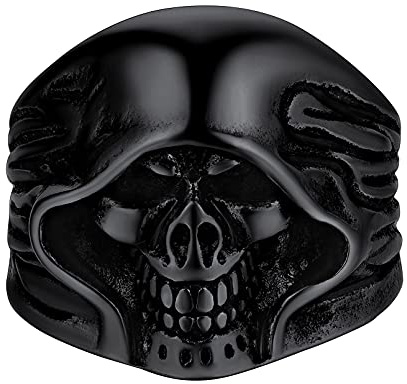 FaithHeart Bague Tête De Mort Faucheuse Mexicaine Noir,Chevalière Crâne Homme Acier Inoxydable,Bijoux Gothique Biker Vintage Bagues Anneau Taille 56,Cadeau pour Garçon Femme Ados