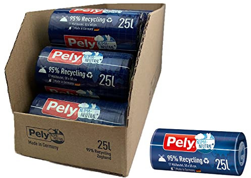 Pely Zugband Müllbeutel aus 95% Recyclingmaterial 25 Liter - klimaneutralisiert durch Kompensation, Vorteilspack (17 x 17 Stück), für die Entsorgung