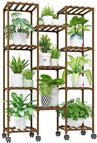 Bamworld Pflanzenregal Outdoor Indoor Blumenständer Hoch Mit Rollen Pflanzentreppe Blumenständer für Draußen Pflanzenständer Terrasse Balkon Gartendekor (Braun)