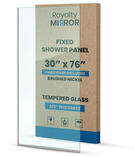 Royalty Fixed Shower Screen - 30 x 76 Frameless 3/8 Clear Tempered Glass Panel with Hardware - Easy Clean Smart Guard Coating - Minimalist Modern Design for Bathroom - Brushed Nickel