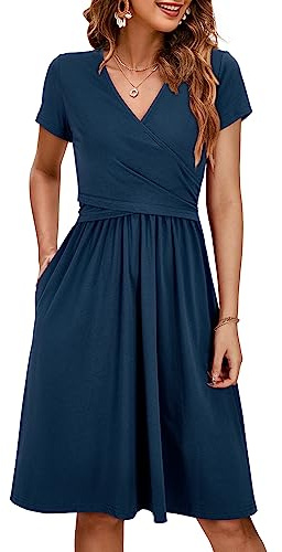 OUGES Maternity Nursing Dress Breastfeeding Pregnancy Postpartum Short Sleeve Wrap V Neck Casual Midi Dress(Navy,L)