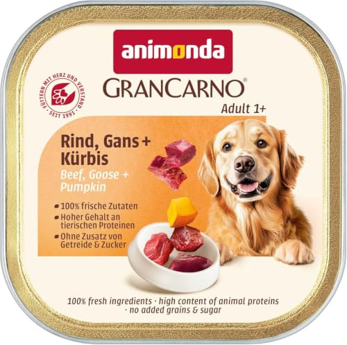 animonda GranCarno Hunde Nassfutter Adult mit Rind, Gans + Kürbis (22 x 150g), getreidefreies Hundenassfutter ohne Zucker, für ausgewachsene Hunde, mit frischen fleischigen Zutaten