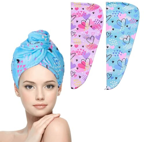 WUBAYI Lot de 2 serviettes de séchage en microfibre à séchage rapide pour cheveux absorbants avec bouton Conçu pour les cheveux mouillés, les femmes et les filles (Love)