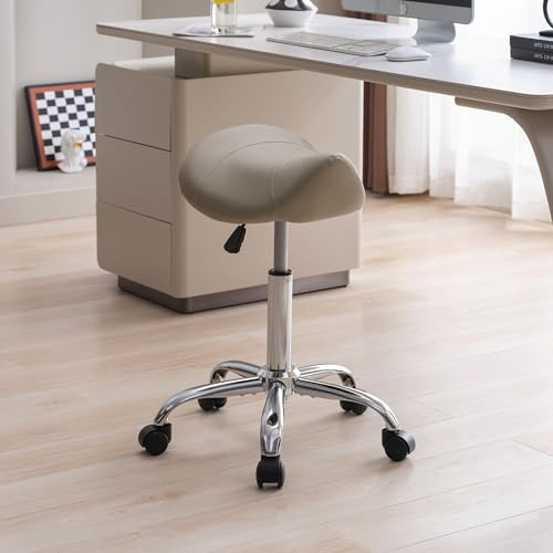 FIRAVOE Saddle Stool, Swivel Saddle Stool with Wheels, Adjustable Rolling Stool 18-26, Faux Leather Rolling Stool for Salon, Massage, Clinic, Lab, Office (Light Grey, 1PCS (18-26))