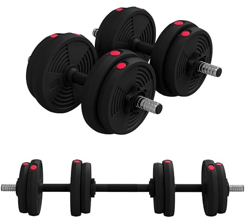 SPORTNOW Haltères 2 en 1 réglables, haltères libres avec poignées antidérapantes, 15KG - Barres incluses - entraînement Musculaire & haltérophilie noir et rouge
